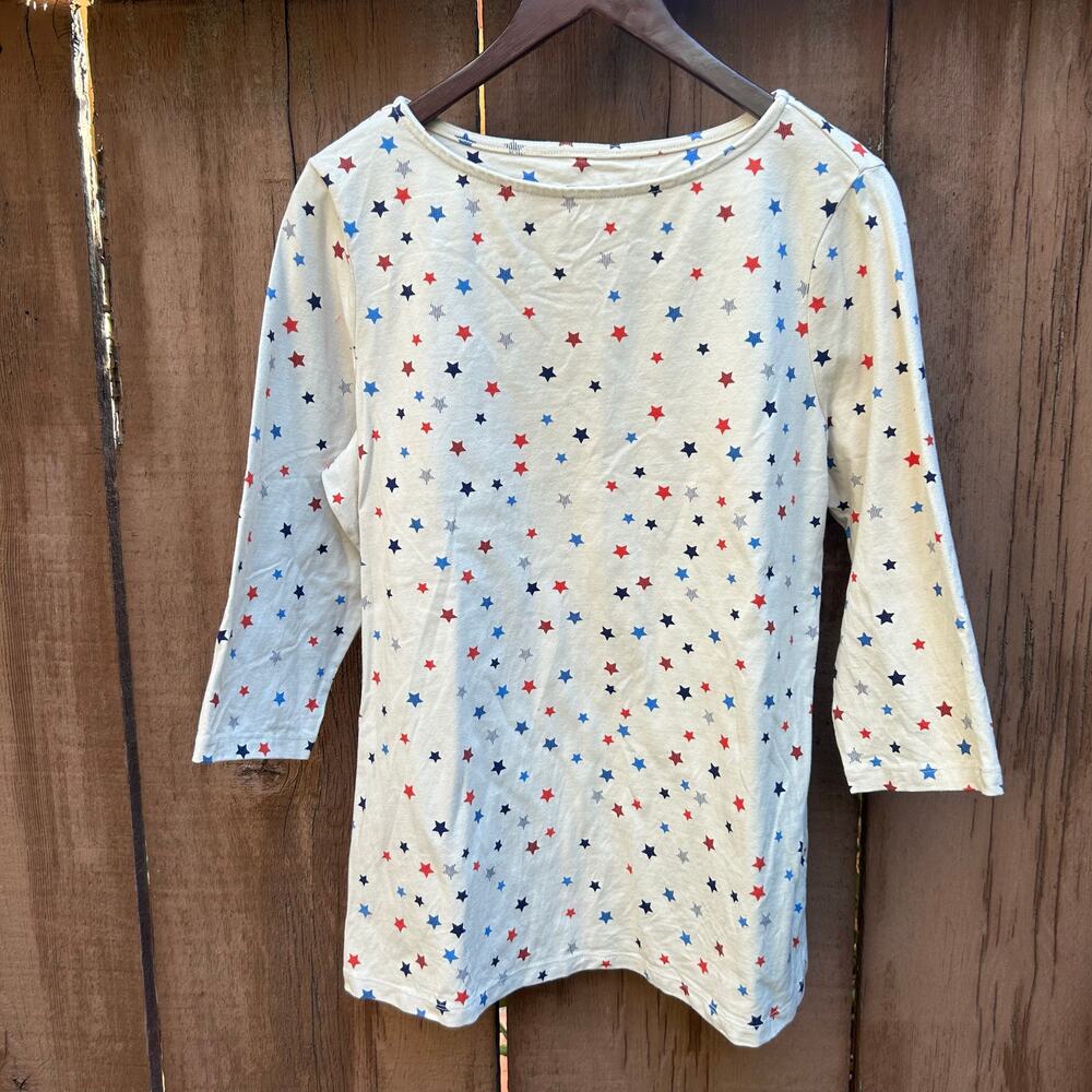 Denim&Co Star Print Patriotic Long Sleeve Top Size Womens Small